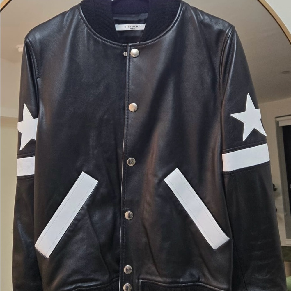 Givenchy Black Leather Jacket with White Star Accents